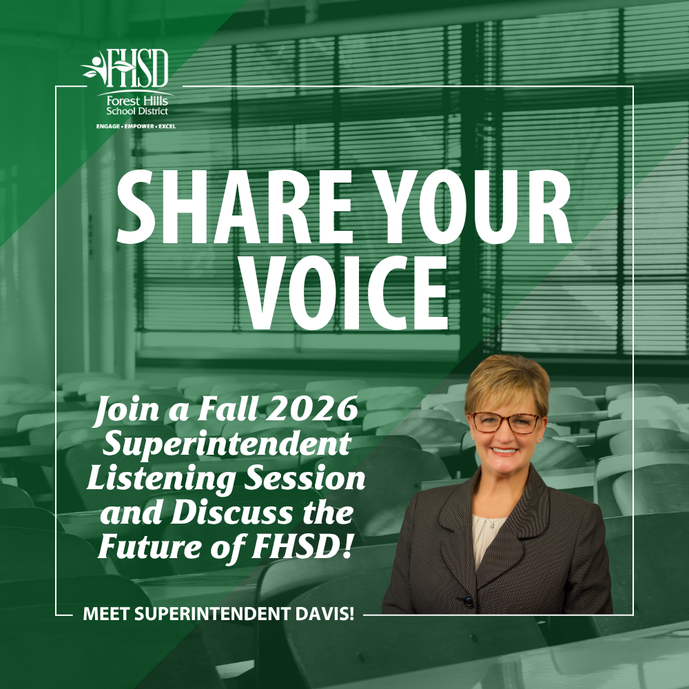 picture of empty classroom chairs with a photo of Suzanna Davis and "Share Your Voice: Join a Fall 2026 Superintendent Listening Session and Discuss the Future of FHSD!"